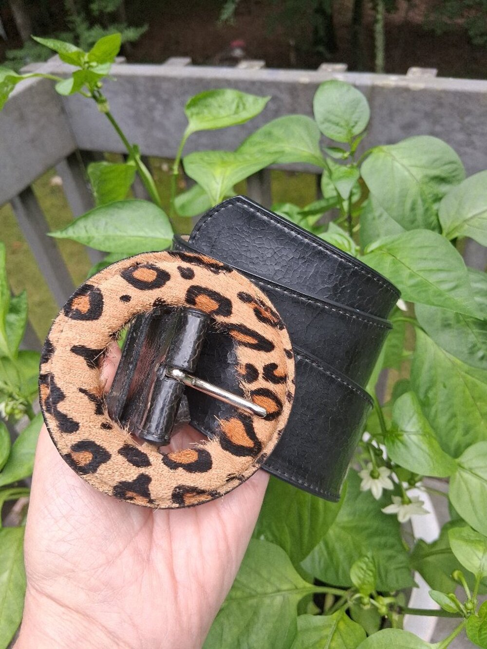 Retro Black Belt Round Faux Fur Leopard Print Buckle Size M 39"L